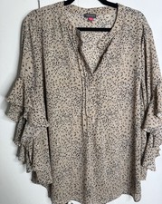 Vince Camuto Animal Print Blouse with Ruffled Sleeves Elegant Sheer V Neck 2x