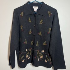 VTG Crystal Kobe L Collared Knit Button Up Fall Sweater Black Leaves Boho