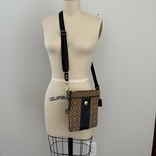 Coach Signature Stripe Swingpack Khaki Brown Canvas Black Leather Trim Crossbody