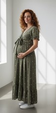 Seraphine Brand New Khaki Embroidery Wrap Maternity Nursing Maxi Dress Size 10