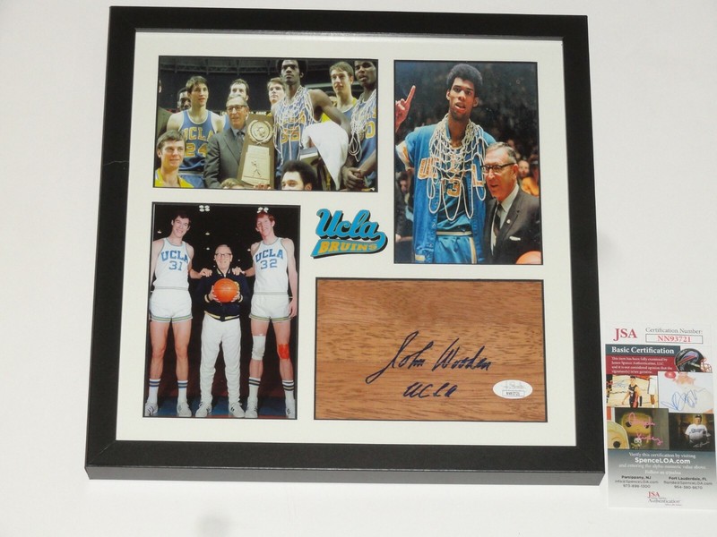 JOHN WOODEN SIGNED 12X12 FRAMED FLOORBOARD COLLAGE UCLA BRUINS HOF JSA COA