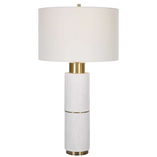 Textured White Faux Wood Column Table Lamp Cylinder Brass Gold MidCentury Modern - Picture 1 of 9