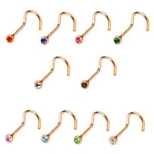 18G 20G Nose Screw Rings Rose Gold IP Over Surgical Steel Press Fit Gem Jewelry