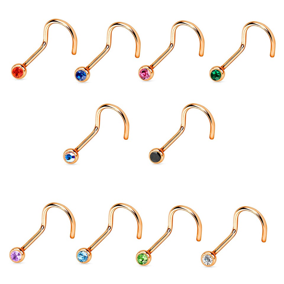 18G 20G Nose Screw Rings Rose Gold IP Over Surgical Steel Press Fit Gem Jewelry