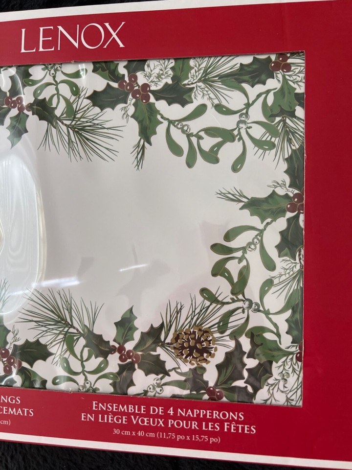 Lenox Set of 4 High Quality Hardboard Cork Placemats Holly Berries