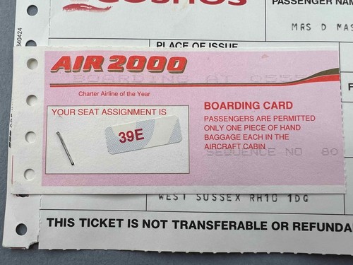 COSMOS HOLIDAYS AIR 2000 VINTAGE USED AIRLINE TICKET & BOARDING PASS VENICE 1996 - Picture 4 of 5