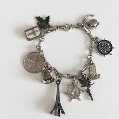 Vintage 925 Sterling Silver Charm Bracelet 10 Charms Bell Eiffel Tower Enamel