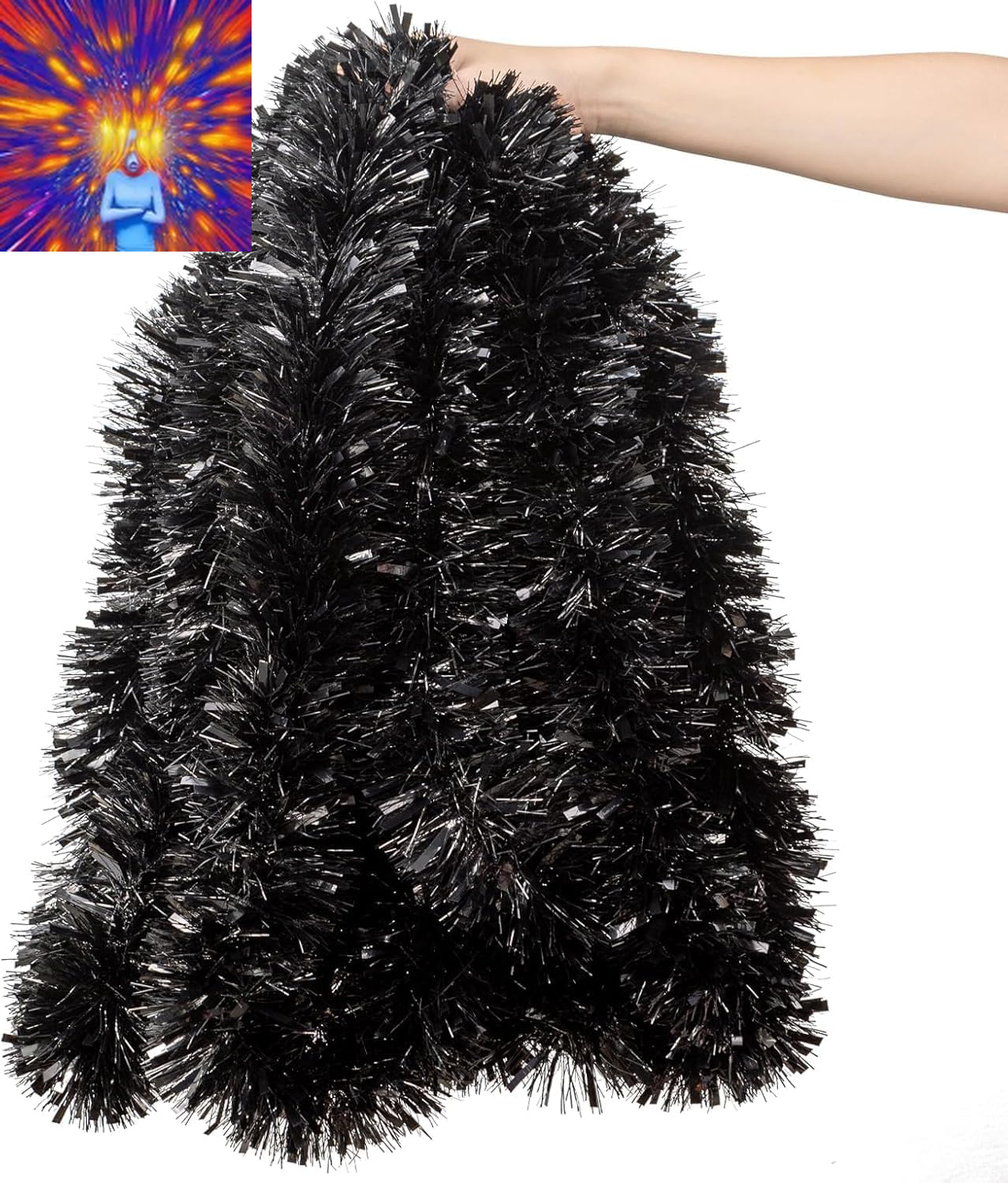 33FT Black Christmas Tinsel Garland with LED Lights Metallic Twist Tinsel Garlan