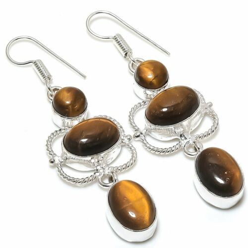 Tiger Eye Gemstone Handmade 925 Sterling Silver Jewelry Earring 2.76 " - Picture 1 of 1