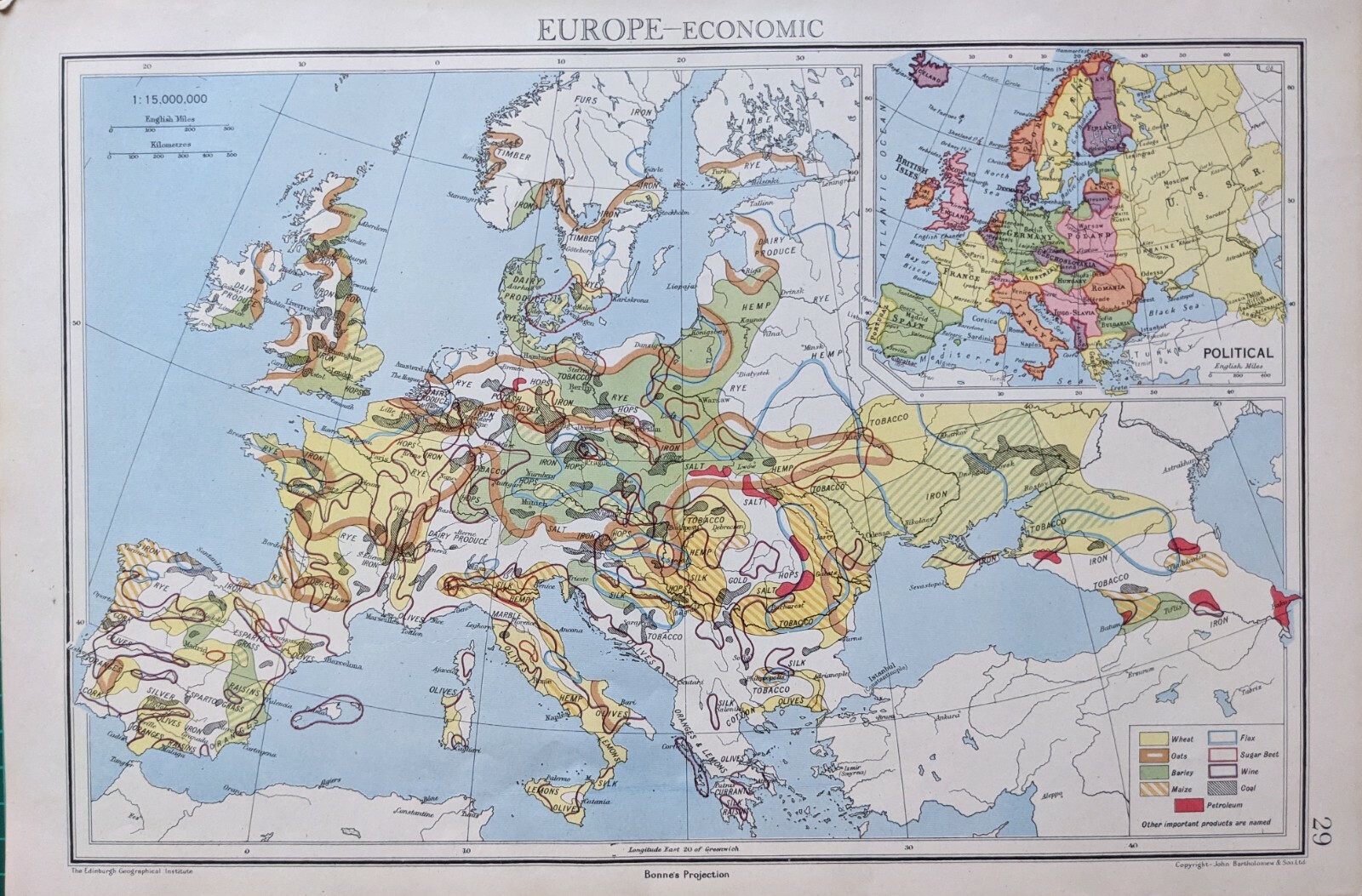 Europe Map Ebay 1942 MAP EUROPE ECONOMIC - WHEAT FLAX SUGAR BEET COAL WINE MAIZE BARLEY ...
