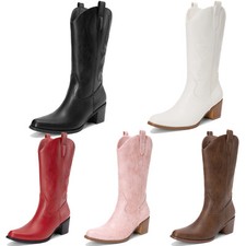 Women Western Boots Square Toe Cowboy Cowgirl Boots Embroidered Mid Calf Boots