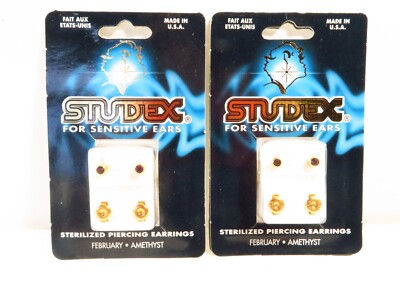 2 Pair Studex Ear Piercing Earrings 24K Gold Plated, February Amethyst