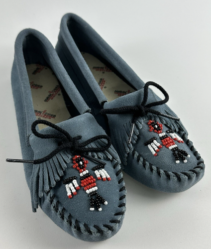 Vintage Minnetonka blau Wildleder Perlen Thunderbird weiche Sohle Mokassins, Größe 6