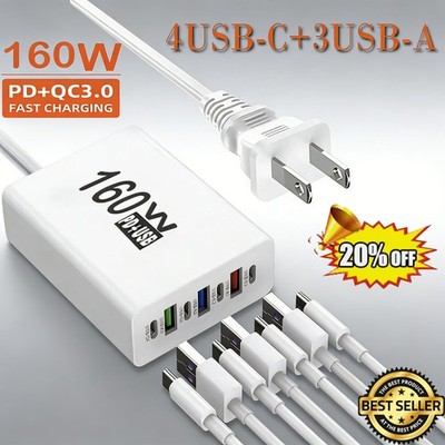 160W 7-Port USB C Fast Wall Charger Block Charging Station for Multiple Devices