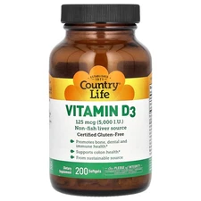 Country Life Vitamin D3 5 000 IU 200 Softgels Gluten-Free, GMP Quality Assured ,