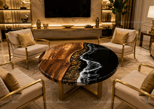 Black Resin Epoxy Round Tabletop Handmade Acacia Wood River Center Furniture