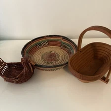 Lot of 3 Baskets- Turkey, Wooden Collapsible, multicolor woven baskets