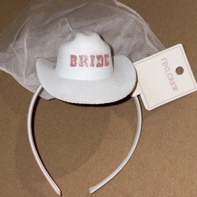 I Do Crew Bride Mini Cowboy Hat With Veil Headband White Bachelorette NWT