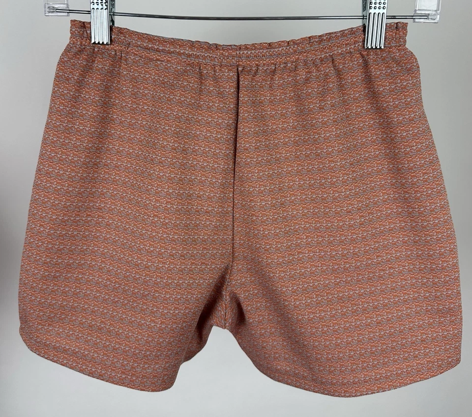 Micro Shorts Vintage Años 70 XS/S Naranja Quemado Poliéster Tejido Caliente Pantalones Hechos a Mano Foto 4 de 4