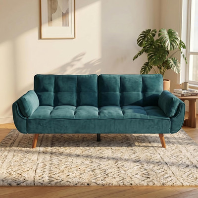 Green Velvet Futon Sofa Bed with Adjustable Backrest for Small Spaces