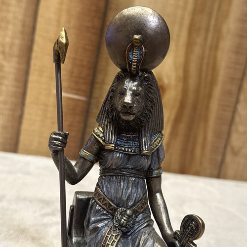 8" Egyptian Goddess Sekhmet Sitting on Throne Statue Sculpture Bronze Color - Picture 2 of 6