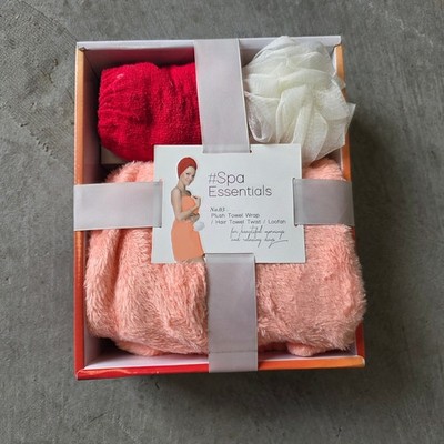 Spa Essentials 3 Piece Bath Set Plush Towel Wrap Hair Twist Loofah Peach Red New