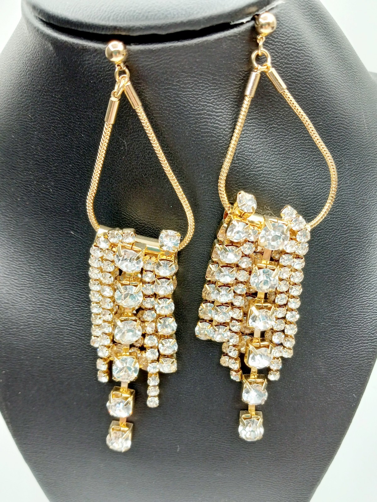 Rhinestone Statement Dangle Earrings Goldtone Pos… - image 3