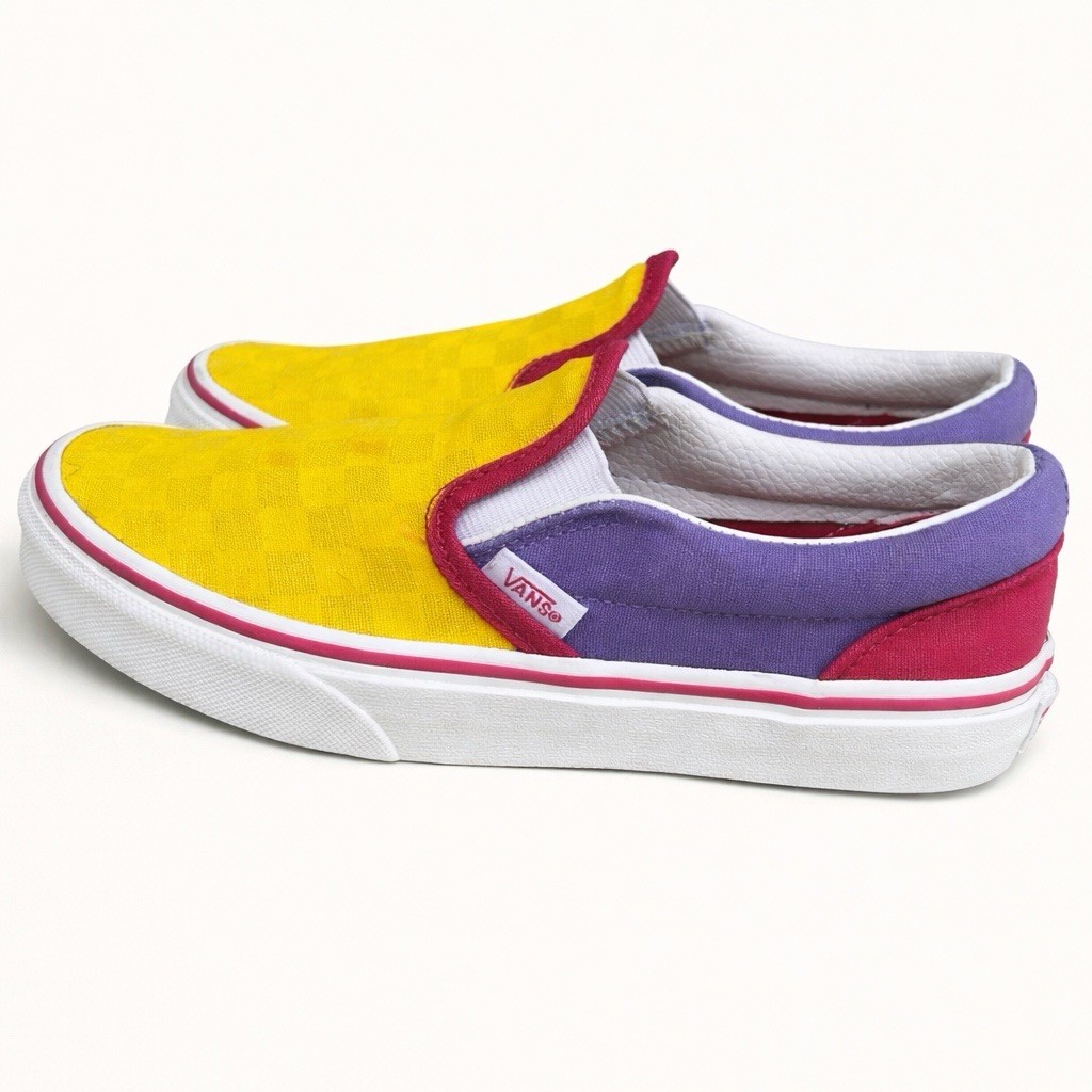 Vans Kids Slip On Shoes Size 2.5 Yellow Checkerboard Colorblock Sneakers EU 33