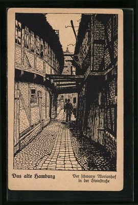 Künstler-AK Hamburg-St.Georg, Der schwarze Morianhof in der Steinstrasse 