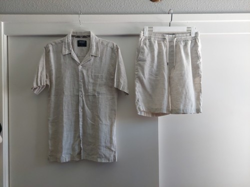 Triumph Over Tragedy Men's Linen Blend Button Down Shirt & Shorts Set Oatmeal - Picture 7 of 14