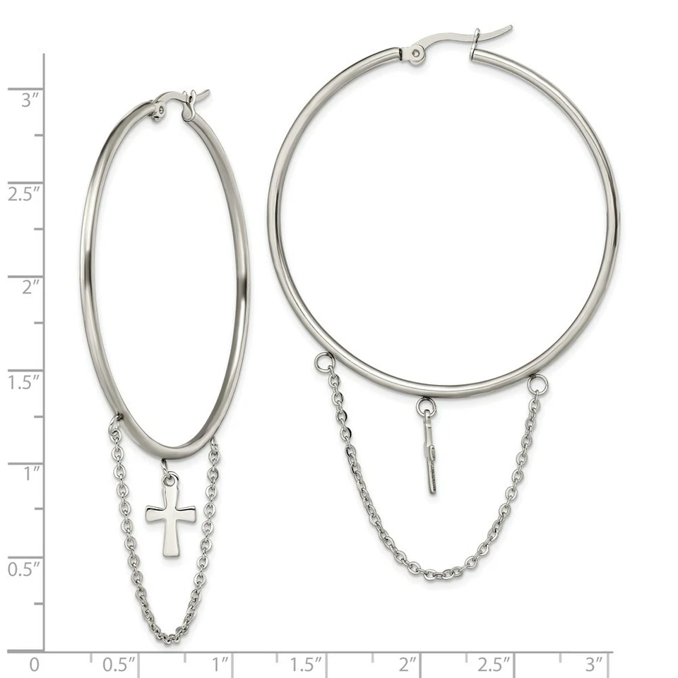 Pendientes de aro colgantes de cruz de acero inoxidable pulido Foto 3 de 3