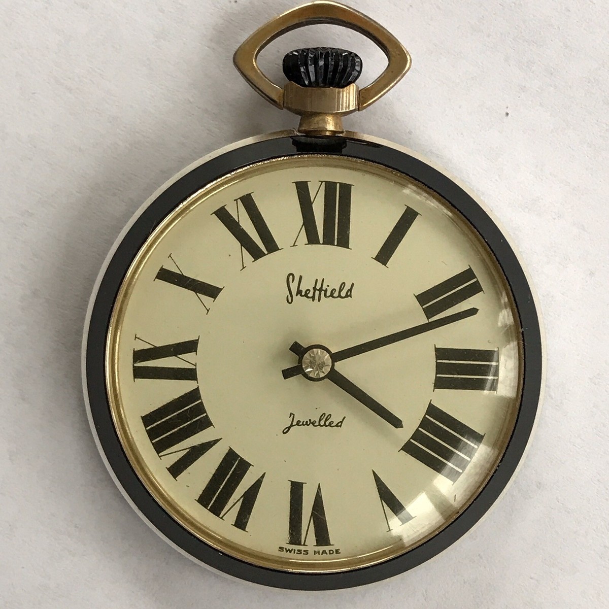 Vintage Sheffield Pocket Watch Black Mechanical Wind Ivory Colored 