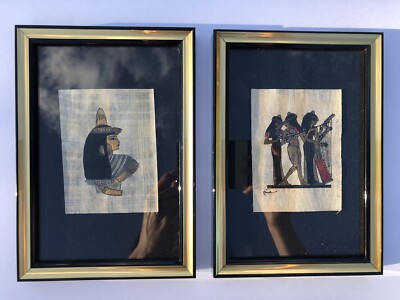 Artwork Egyptian Hieroglyphs Full Color Hand Drawn & Painted in Frame Set of 2