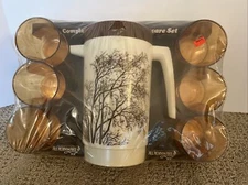 Vintage Alladinware Pitcher & Tumbler 7 Pc Set Trees Birds Pattern 309 Aladdin