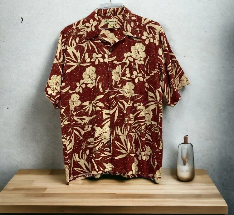Havana Cafe Shirt Men's Sz M 100% Silk Floral Hawaiian Cream & Maroon Button up