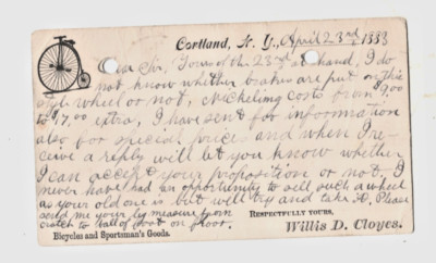 BICYCLE REPAIR, EARLY CONTENT ON AD POSTAL 1883, WILLIS D. CLOYES, CORTLAND NY