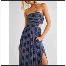 Free People Peyton Printed A-Line Ruched Slit Maxi Dress, Blue, Large, RRP $98
