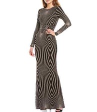 BETSY  ADAM Black Glitter Geometric Illusion Print Bodycon Stretch Maxi Gown 12