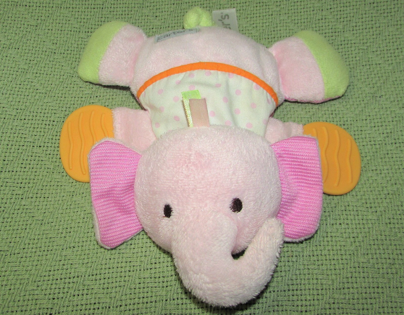 CARTERS PINK ELEPHANT RATTLE TEETHER STUFFED ANIMAL CRINKLE FEET 8