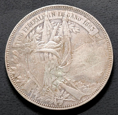 1883 Swiss 5 Francs - Lugano Shooting Coin - Doubled Die Reverse