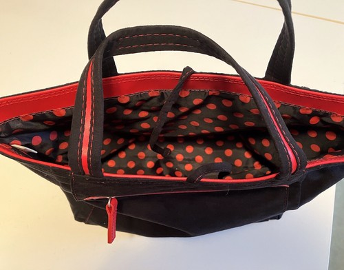 Women’s Faux Suede Handbag Soft Sided Black With Red Polka Dots Lining - Picture 2 of 8