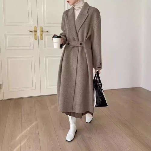 Herbst und Winter koreanischer Mantel lang Damen Wollmischung Jacken Oberbekleidung Revers
