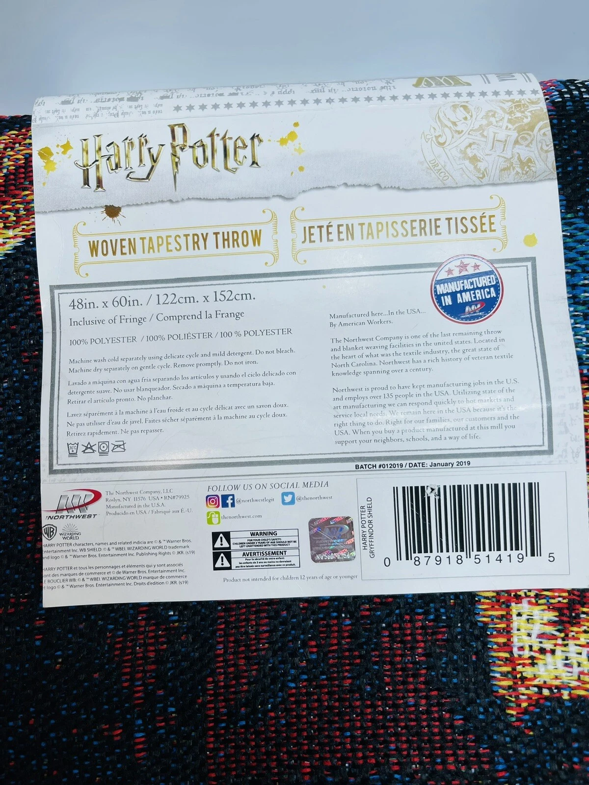 Harry Potter Gryffindor Shield Woven Tapestry Throw Blanket Northwest 48x60 NEW