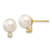 14k Yellow Gold 7-8mm White Akoya Cultured Pearl Diamond Stud Earrings 0.29g