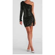 Black Sequin One-Shoulder Long Sleeve Mini Bodycon Dress Size Small