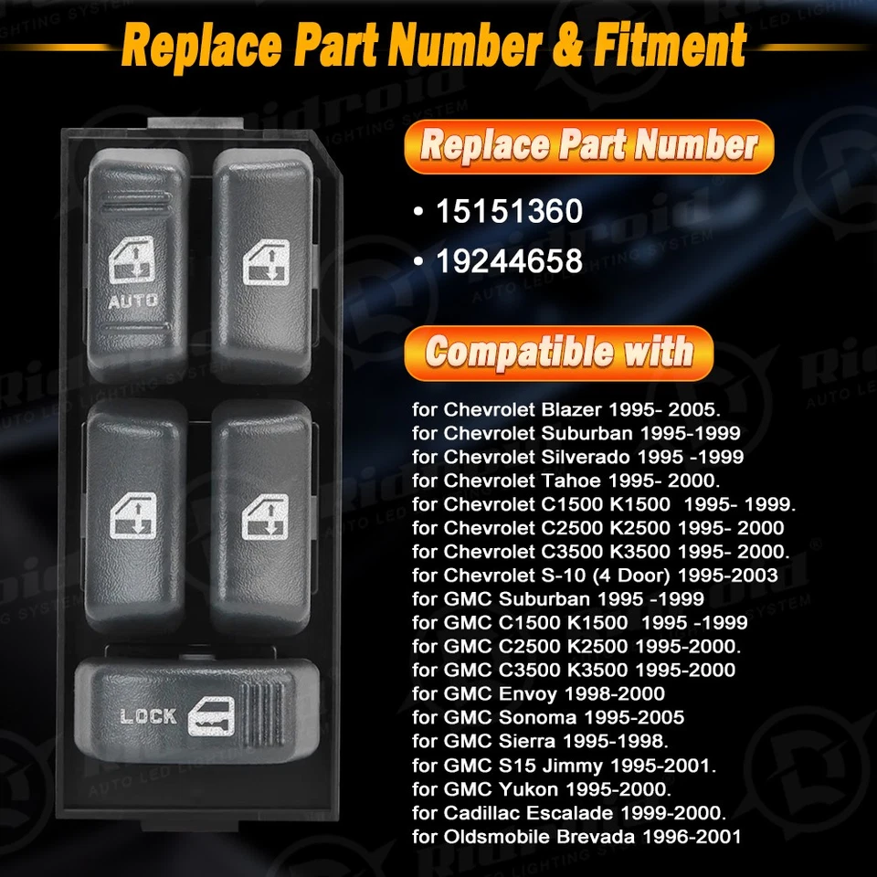 PARA 95-05 CHEVY GMC C/K PICKUP LADO DEL CONDUCTOR MASTER INTERRUPTOR DE CONTROL DE VENTANA ELÉCTRICA Foto 4 de 4