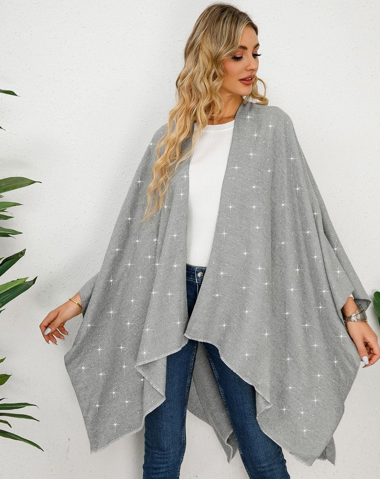 Womens Rhinestones Open Front Poncho Shawl Wrap Cape Ruana Travel ...