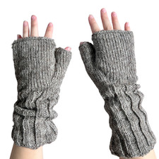 Wool Fingerless Long Gray Brown Fleece Lined Gloves Texting Hand Warmers NEW