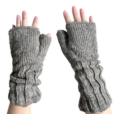 Wool Fingerless Long Gray Brown Fleece Lined Gloves Texting Hand Warmers NEW