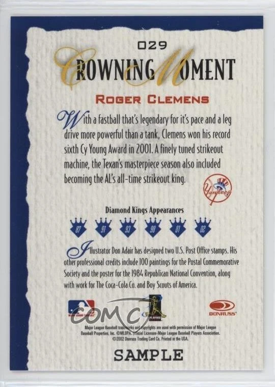 2002 Donruss Diamond Kings Sample Silver Roger Clemens #029 - Image 2 of 2